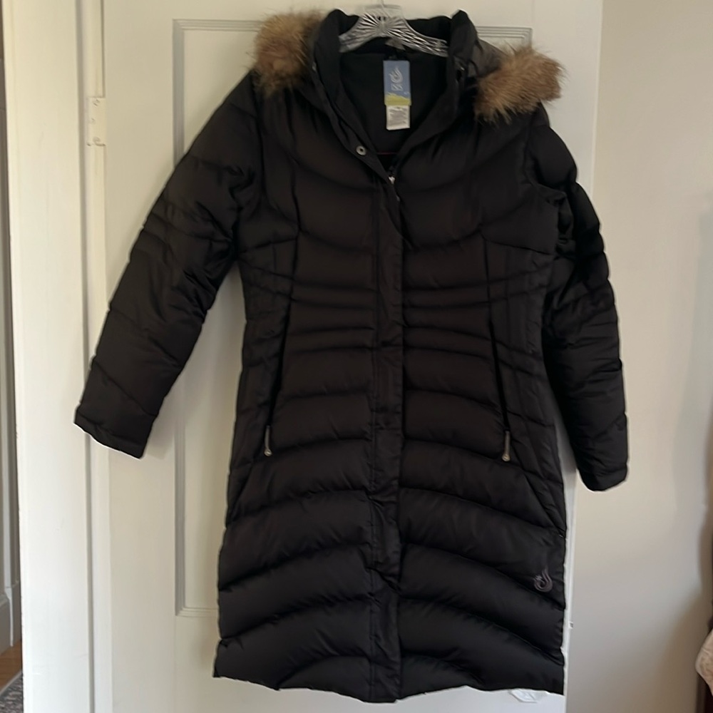 Isis Snow Queen long black puffy down coat faux fur trim fleece collar very warm